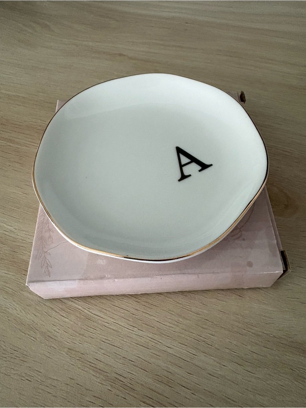White Ceramic Trinket Dish with Black Monogram 'A' and Gold Rim